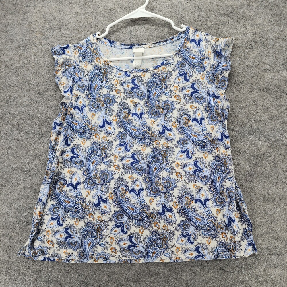 H&M Shirt Womens Large Short Sleeve White Blue Paisley